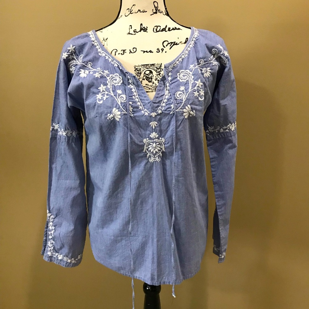 Embroidered Blue Chambray Flare Sleeve Blouse — S